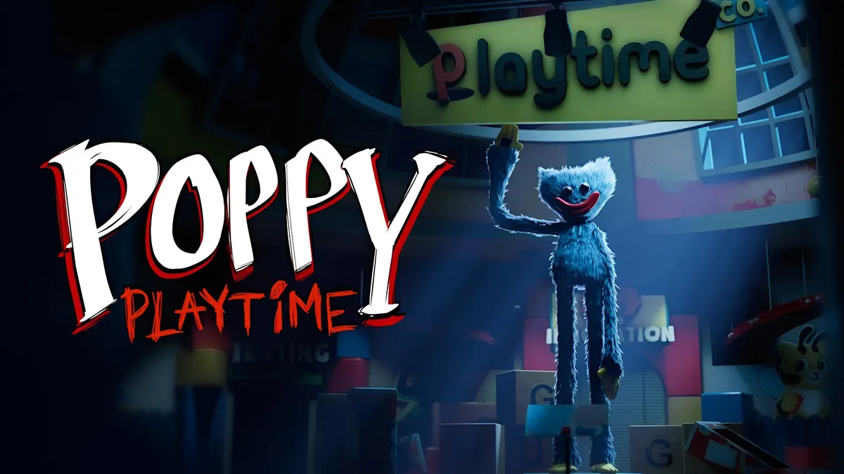 Poppy Playtime gameplay screenshot showing horror puzzle survival action